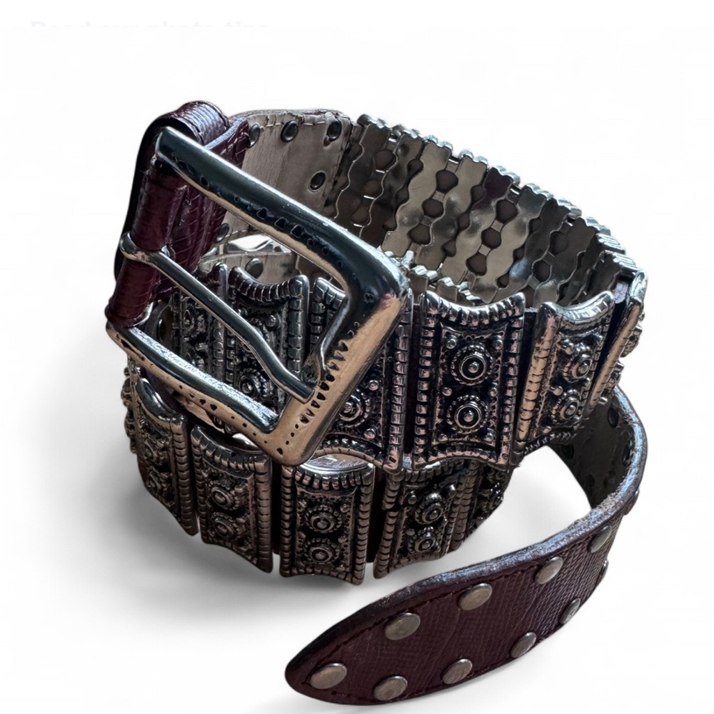 Ornate Silver and Brown Leather Belt with Intricate Metalwork Made in Italy